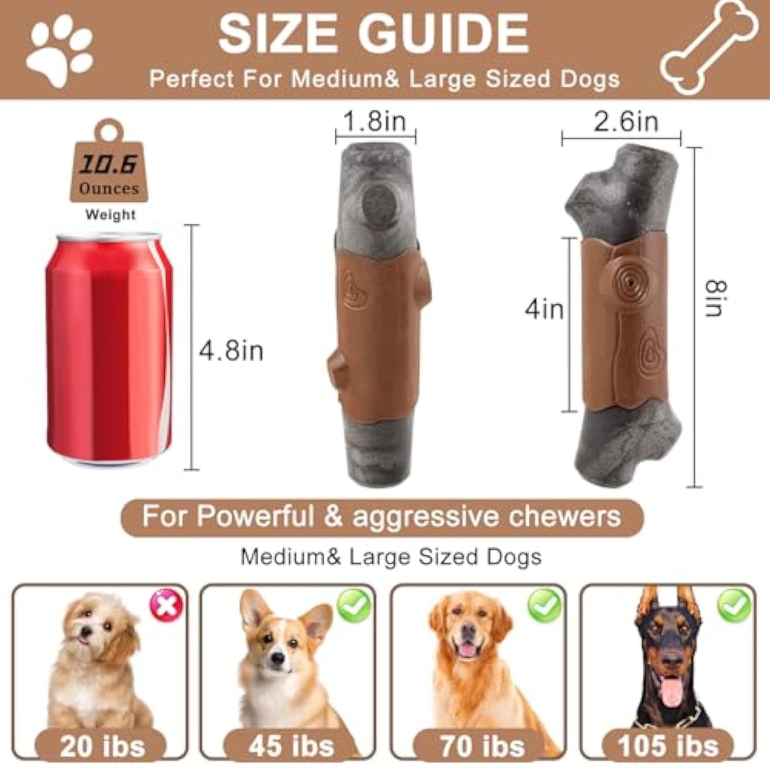 Tough Dog Toys For Aggressive Chewers showcasing dimensions suitable for medium and large dogs.